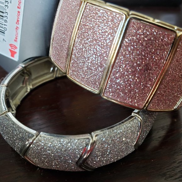 Set of 2 Sparkly Silver and Rose Gold Stretch Cuff Bracelets - Picture 1 of 6